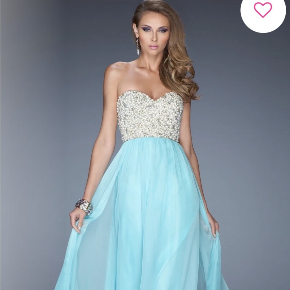 La Femme Elegant Strapless Mint Green Pearl and Gold Jeweled Top Prom Dress 8